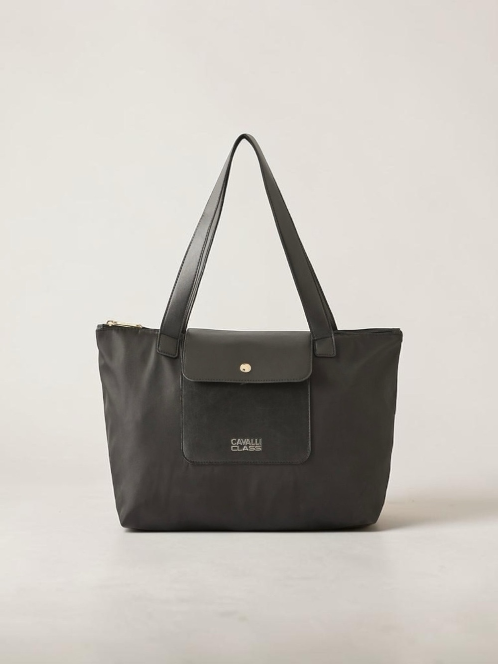 Cavalli Class Black Nylon Tote with Front Pocket